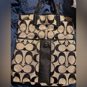 Coach Signature Foldover Tote in black and beige, canvas fabric w/patent leather